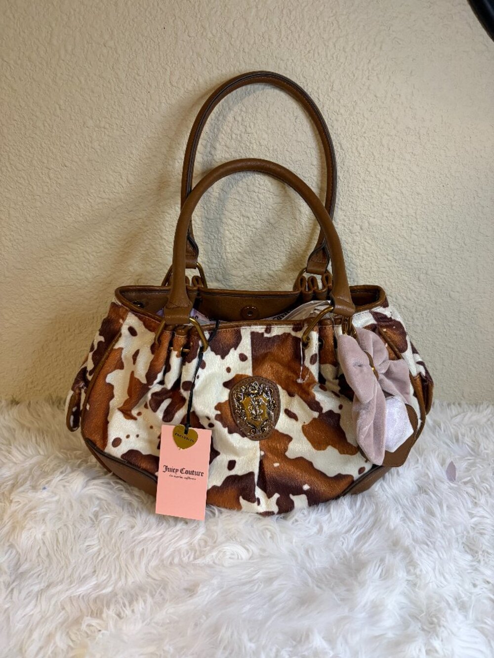 Juicy Couture Juicy Romance Brown Cow Print Satchel Bow Charm Western Purse